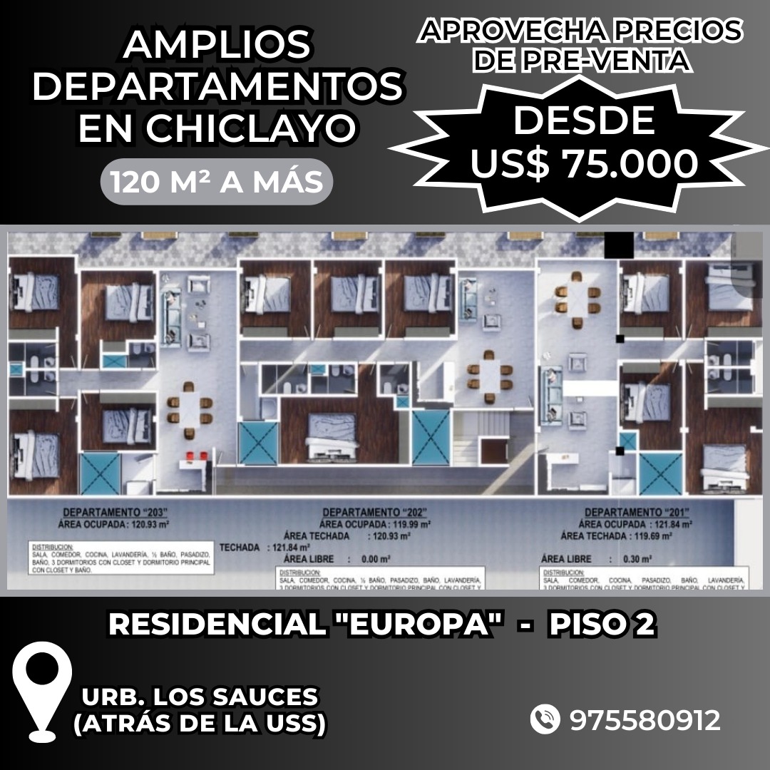DEPARTAMENTOS 4 HABITACIONES EN CHICLAYO - URB LOS SAUCES