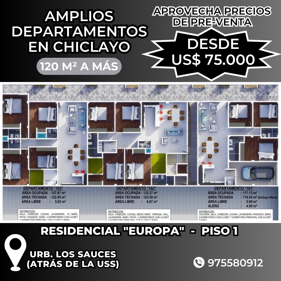 DEPARTAMENTOS 4 HABITACIONES EN CHICLAYO - URB LOS SAUCES